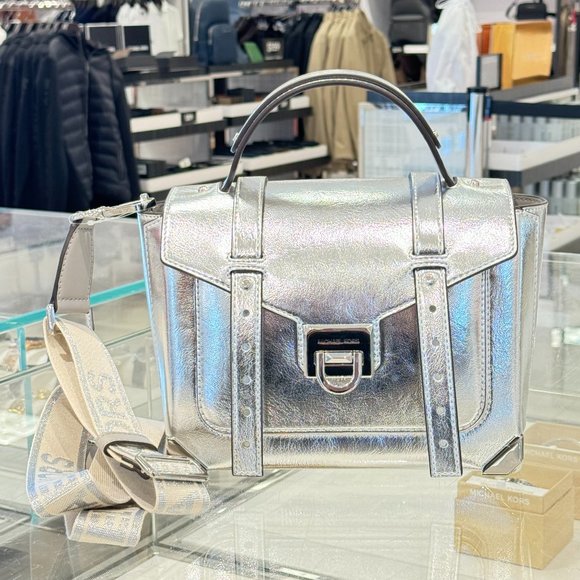 Michael Kors Manhattan Medium Satchel Shoulder Crossbody Bag Silver - Picture 1 of 13